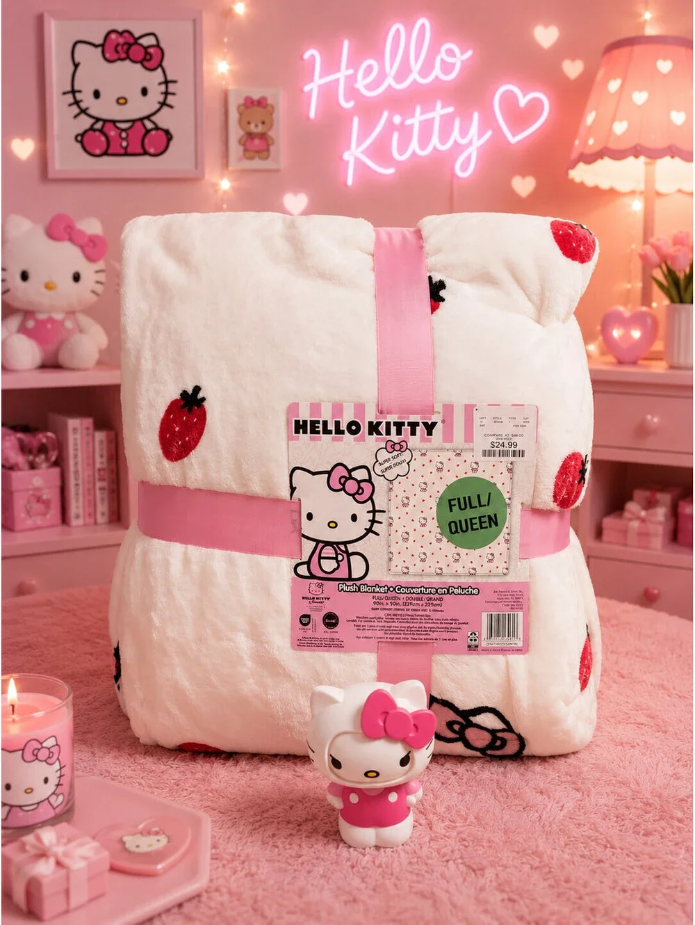 HELLO KITTY FULL QUEEN HOLDING STRAWBERRY WHITE N PINK PLUSH BLANKET W DISPENSER